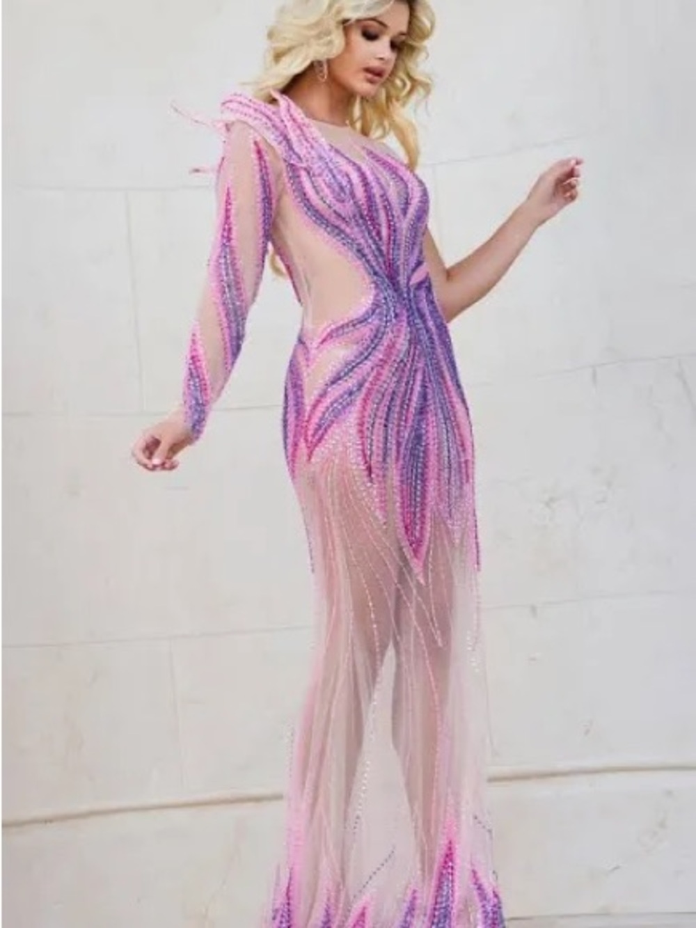 Jovani Pink & Purple Beaded Sheer Gown